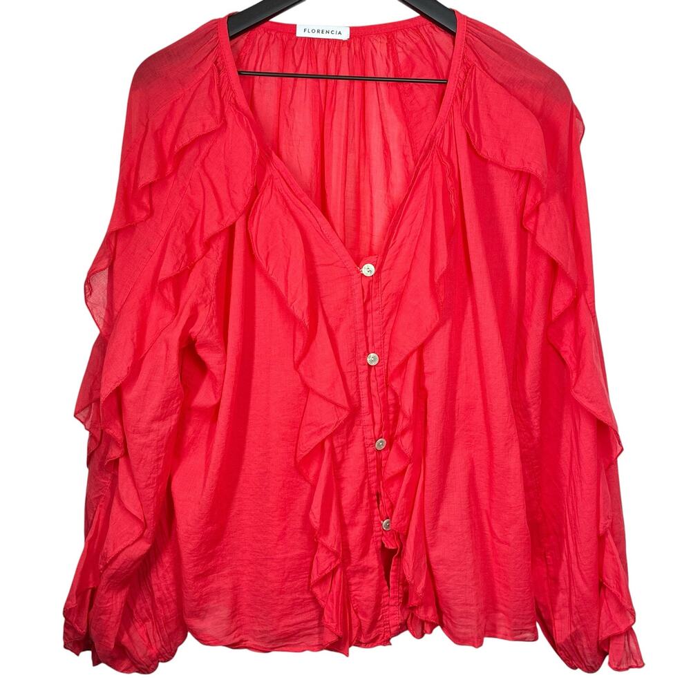 Florencia Ruffle Top Button Up Long Sleeve 100% Cotton Made In Italy Pink Womens